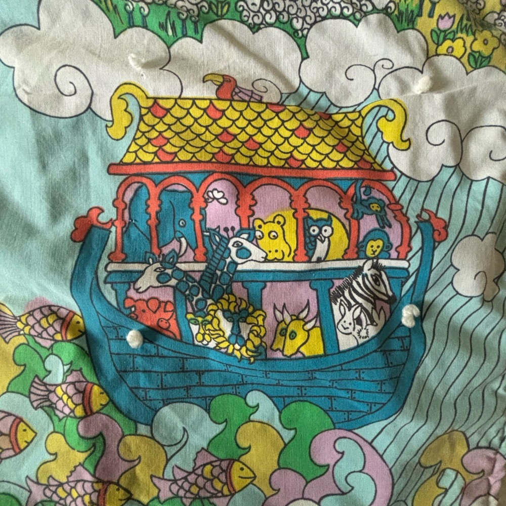 vtg 70s SEARS Children's Noah Ark hand tied crib quilt baby Peter max nursery